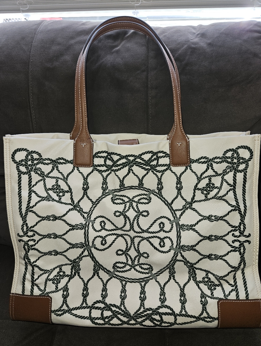 Authentic Tory Burch Cream Rope-Print Tote Bag with Brown Faux Leather Handles